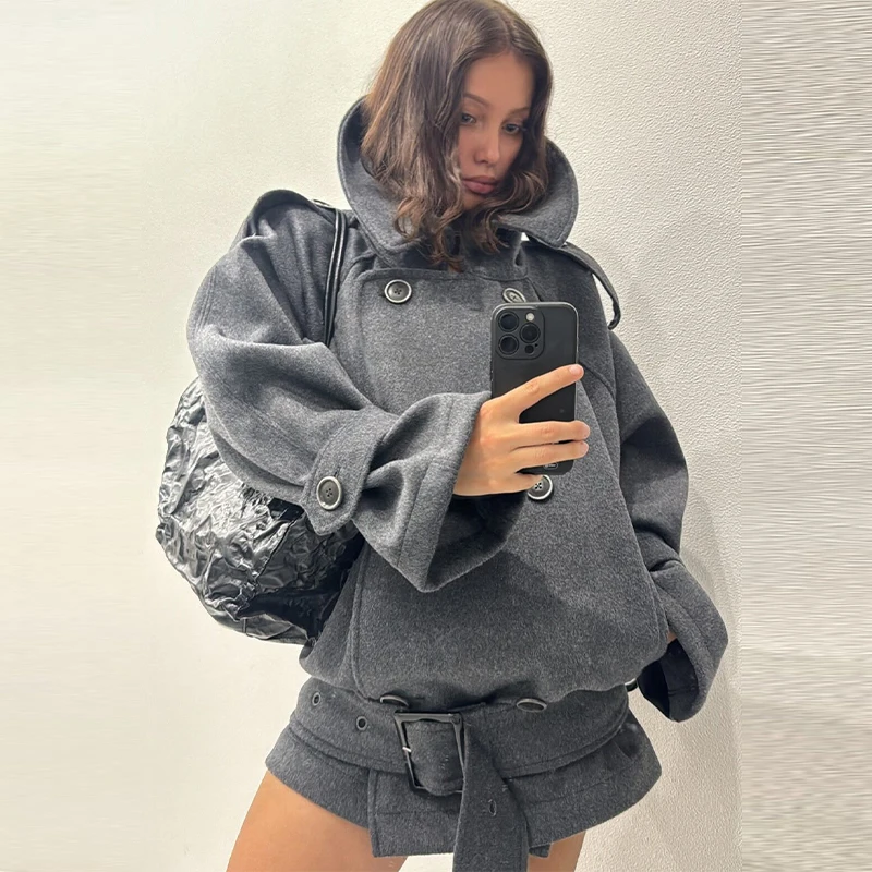 

Autumn Winter Woolen Blend Coat Women Stand Collar Double Breasted Jacket with Belt Casual Outwear 2025 New Street Lady Coats