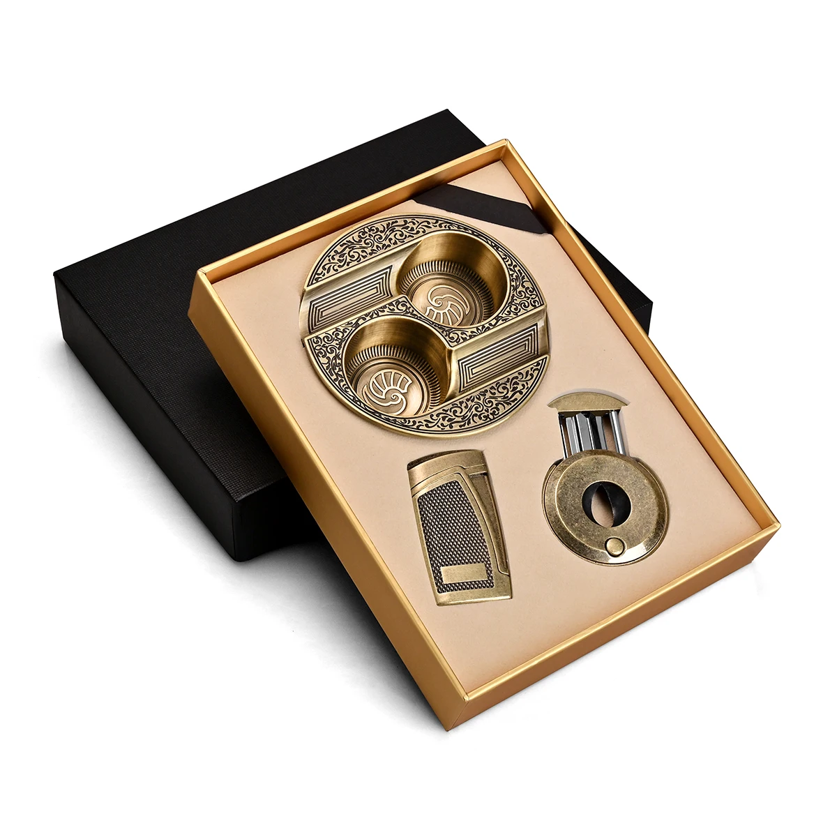 

Luxury Cigar Smoking Accessories Set 3PCS Windproof Metal Lighter Carved 2 Slot Cigar Ashtray 24mm Sharp Cigar Cutter