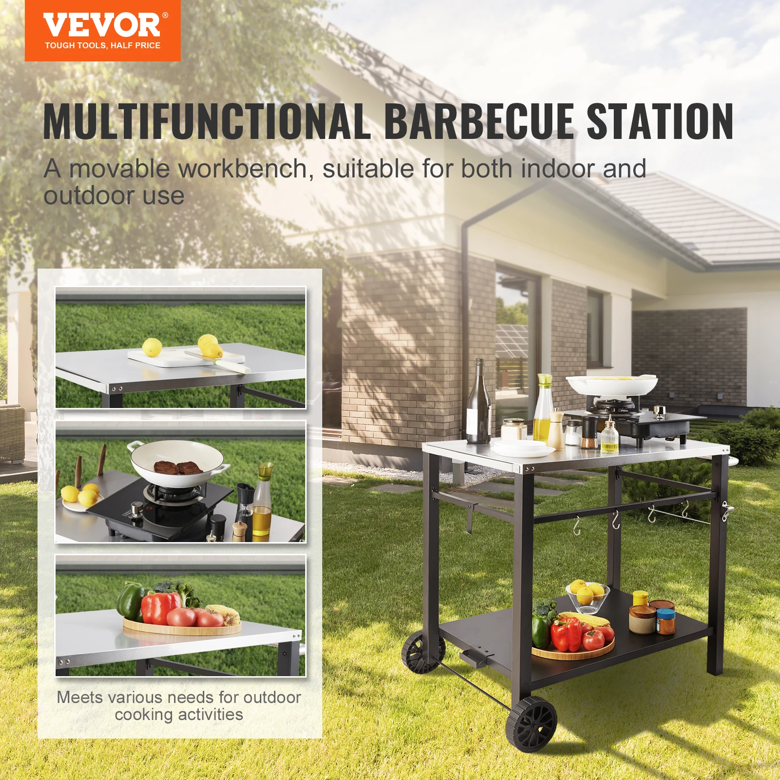 VEVOR Outdoor Grill Dining Cart with Double-Shelf, BBQ Movable Food Prep Table, Stainless Steel Table Top, Worktable w/ 2 Wheels