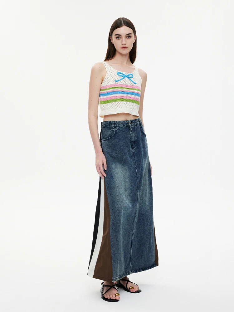 Women Long Cowboy Skirt  A-line Denim Skirt Vintage Aesthetic Y2k Harajuku Korean Jean Skirt with Slit 2000s Clothes Summer 2024