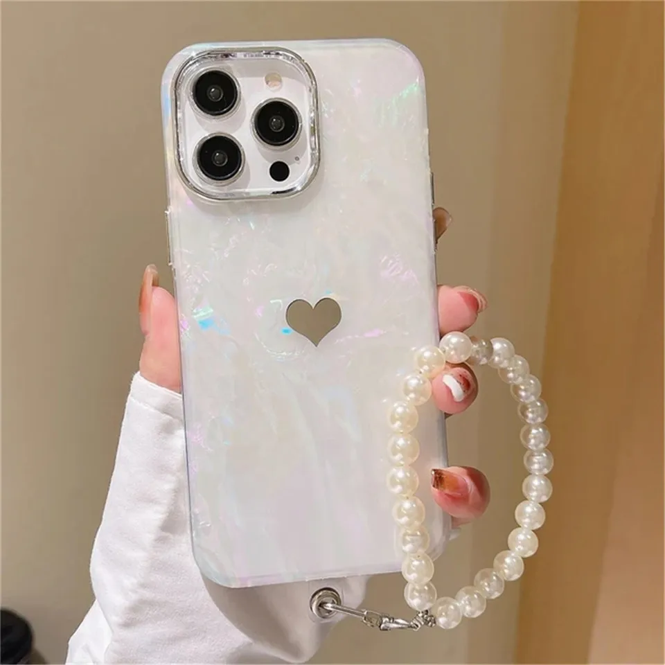 Jewelry Cute Love Heart  Pearl Chain Wrist Strap Dreamy Shell Case For iPhone 15 13 12 11 14 Pro Max Laser Glitter Marble Cover