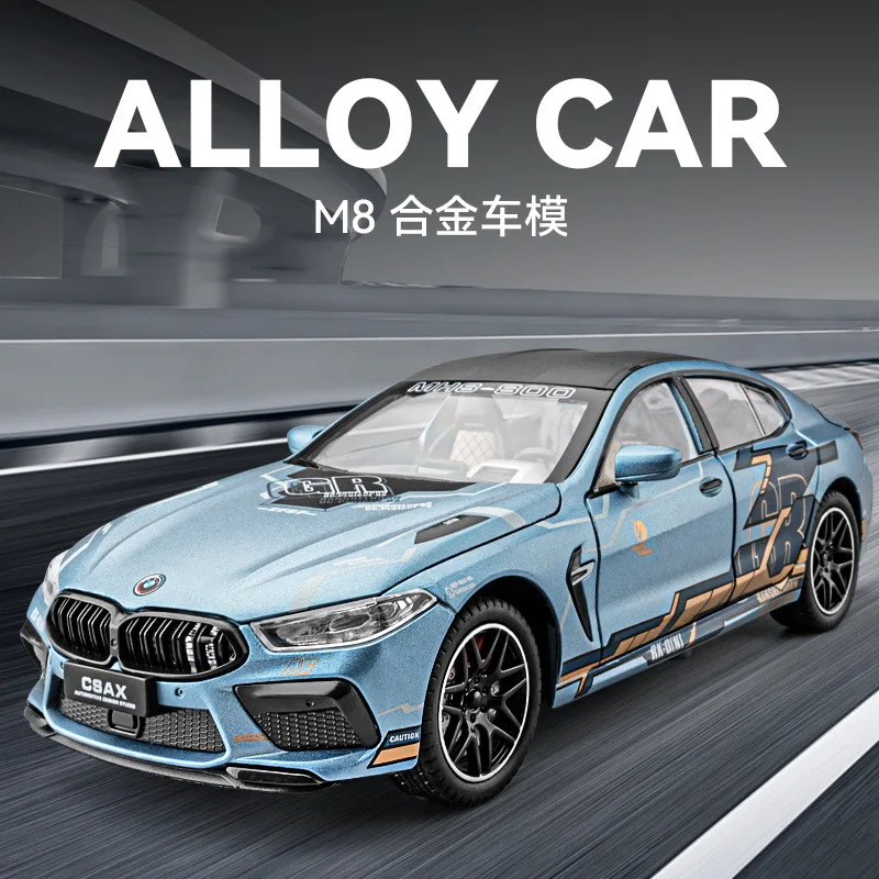 1: 24 BMW M8 alloy car model, door opening, sound and light feedback, shock absorber, steering horn, children's toy gift