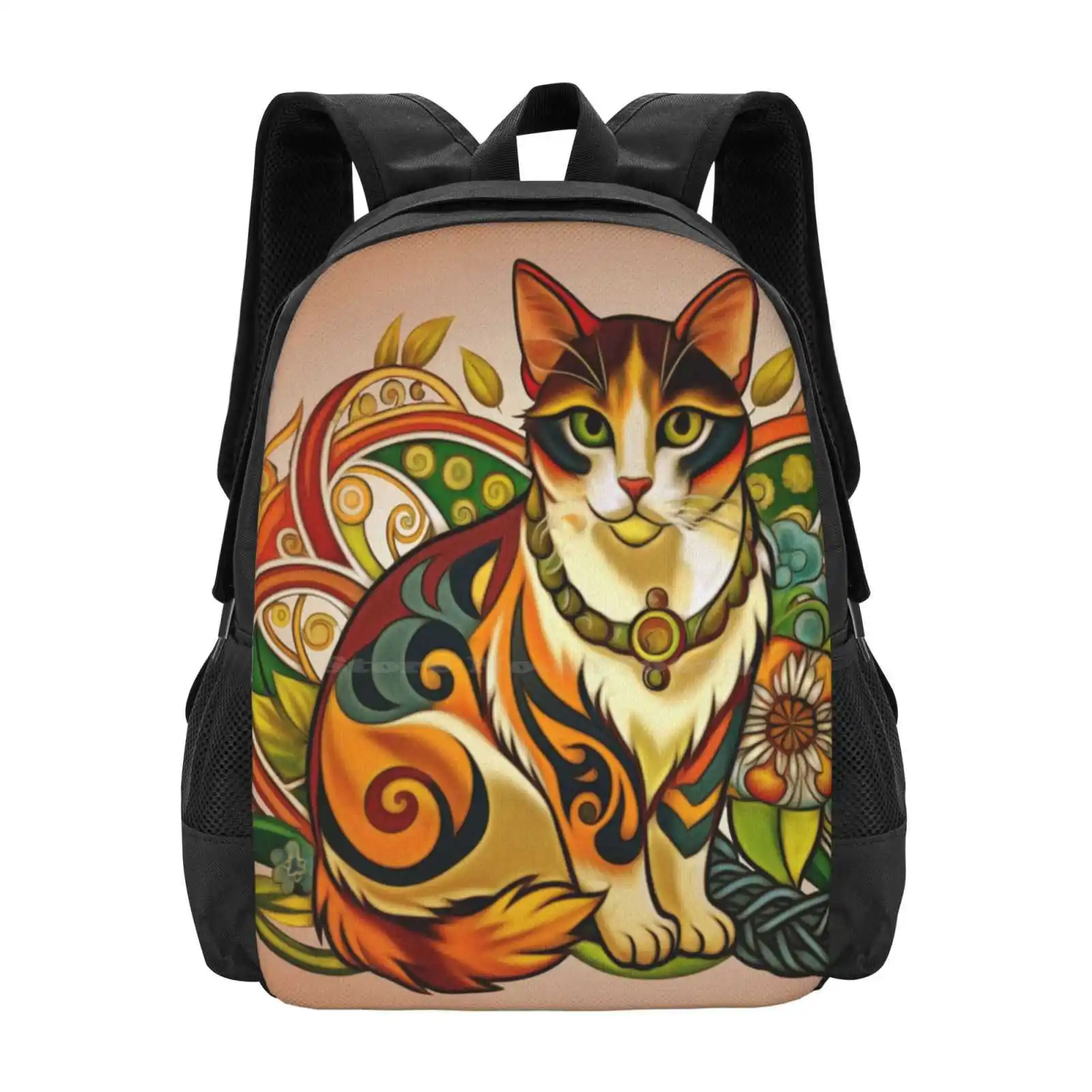 Calico Cat Hot Sale Schoolbag Backpack Fashion Bags Kitty Whimsical Art Nouveau Cute Cat Furry Friend Pet House Cat Feline