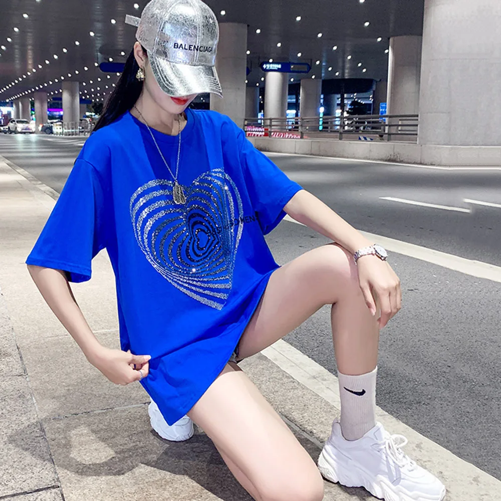 2022 Summer Fashion Streetwear Rhinestone heart pattern T-Shirt Women Casual Loose Tees Lady Tops S-4XL 40-150KG