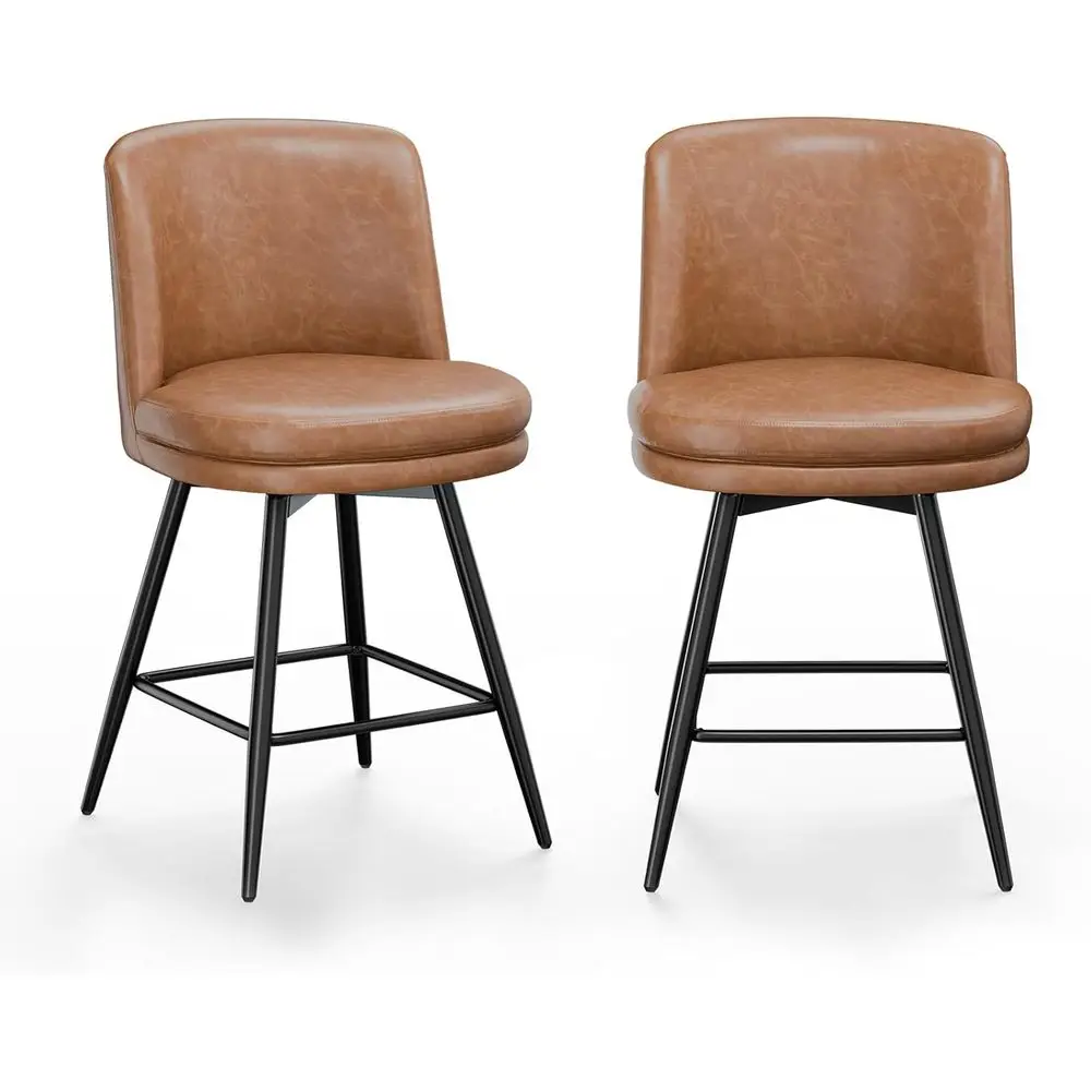 

Set of 2 PU Leather Swivel Bar Stools, Brown, Counter Height with Cushioned Round Seats and Metal Legs
