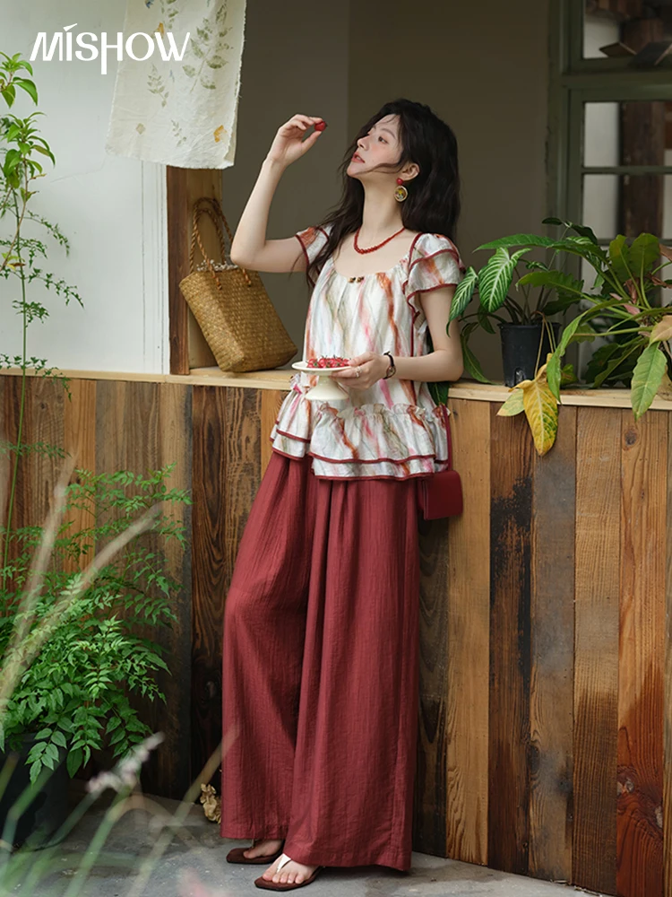 MISHOW Women's Retro Stripe Print Blouse 2025 Summer New Fashion O-Neck Butterfly Sleeve Ladies Casual Patchwork Top MXE38X1862