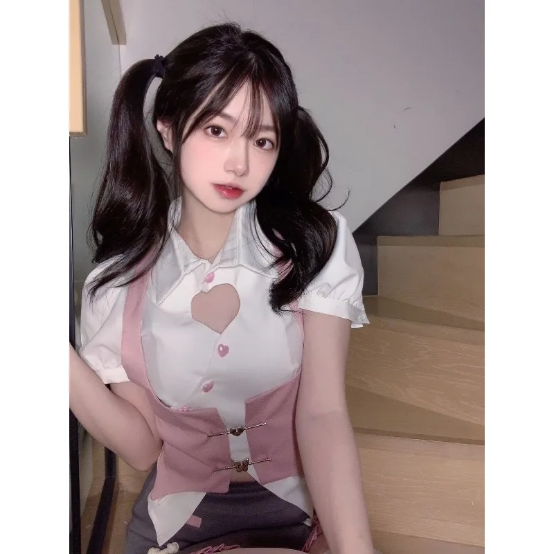 여름 일본풍 화이트 퍼프 소매 탑 핑크 베스트 미니스커트 JK 유니폼 여성 2000년대 Y2K 감성 섹시 파티 드레스
