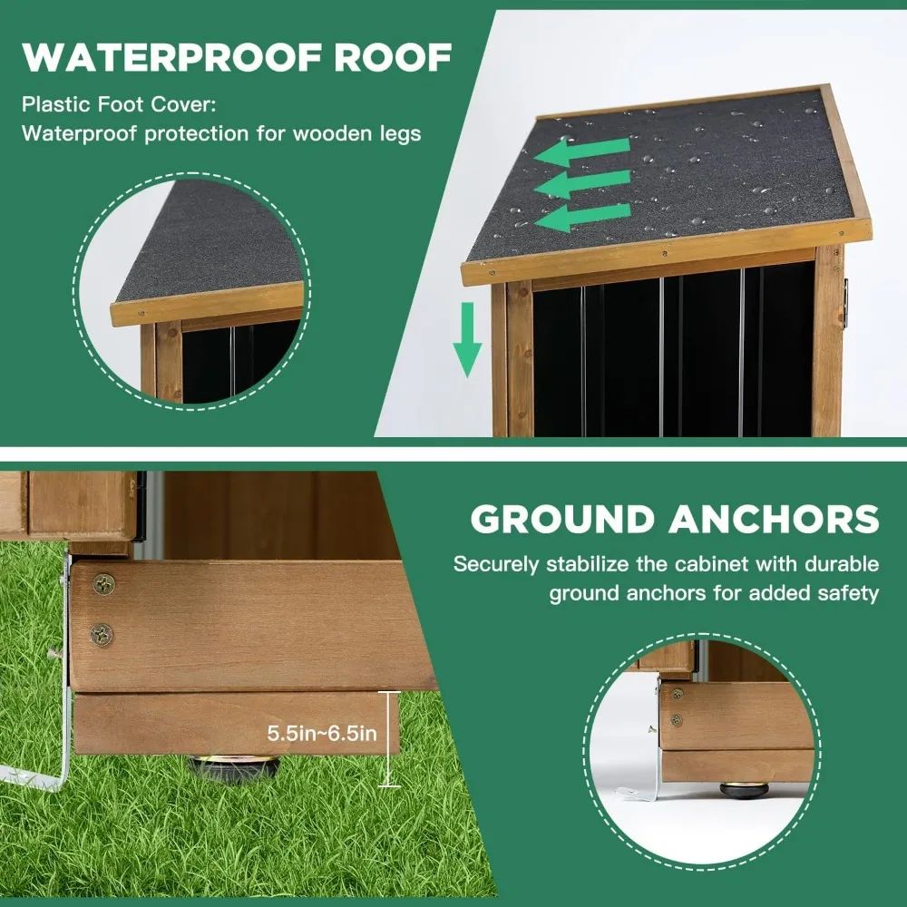 سقيفة تخزين خارجية من الخشب والمعدن مقاومة للعوامل الجوية مع أبواب مزدوجة قابلة للقفل، وأرفف قابلة للإزالة وقابلة للتعديل