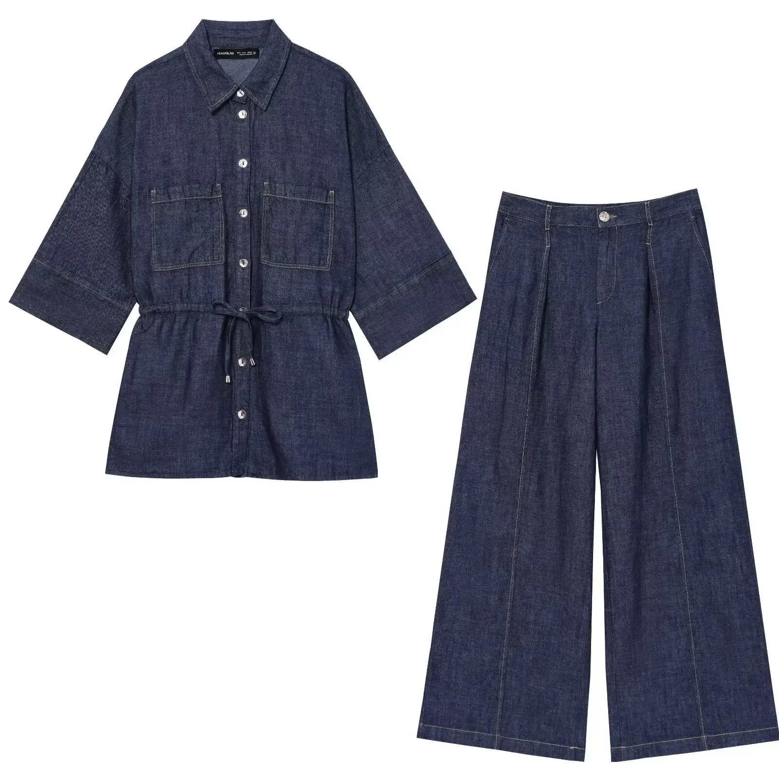

Autumn Lady Trousers Sets Long Sleeve Single Breasted Coats Straight Jeans Suit Fashion Belt Denim Jacket Pants Set Women