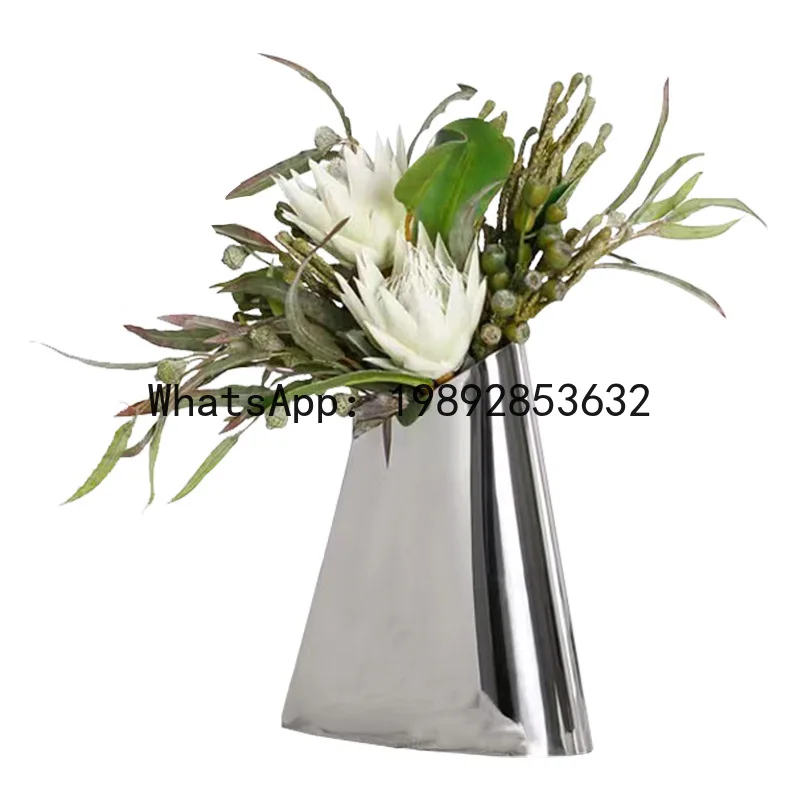 

Silver Metal Vase Beveled Trapezoidal Metal Handicrafts Flower Arrangement Accessories Flower Pot Home Decoration Accessories