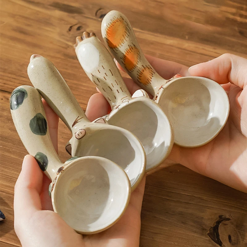 النمط الياباني ملعقة شوربة السيراميك الإبداعية اليدوية الخام الفخار أدوات المائدة لطيف الحيوان كونجي ملاعق الآيس كريم مغرفة حساء صغيرة #4