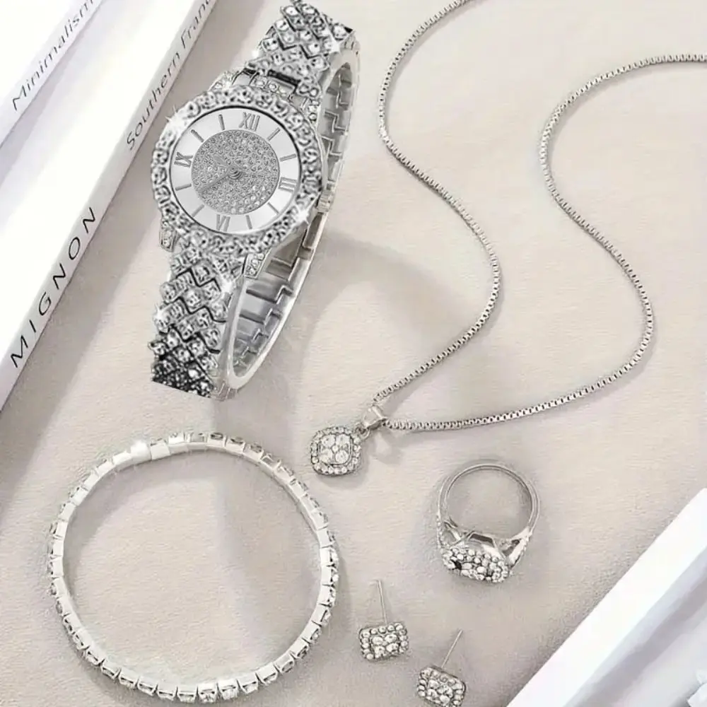 

6Pcs/set Vintage Shiny Rhinestone Jewelry Set Luxury Exquisite Crystal Quartz Watch Simple Necklace Bracelet Earrings Set Party
