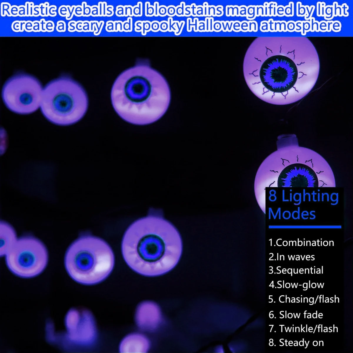 Roxo Eyeball String Light com 8 modos de iluminação, à prova d'água, Solar Powered, Halloween Lights, Casa, Dia das Bruxas, 1PC, 20 LED, 30 LED