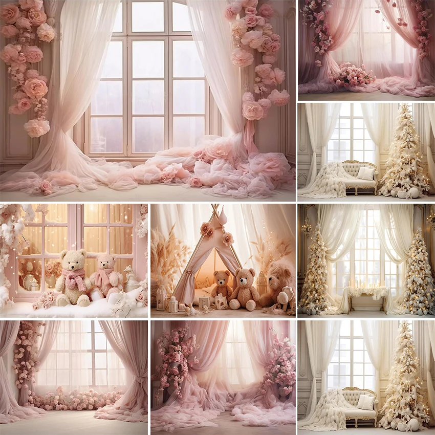 Avezano Photography Background Christmas Decoration Winter Window Curtains Flowers Portrait Photo Backdrop Photocall Props