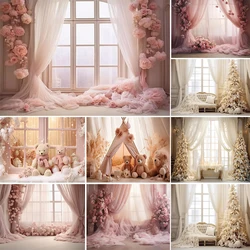 Avezano Photography Background Christmas Decoration Winter Window Curtains Flowers Portrait Photo Backdrop Photocall Props