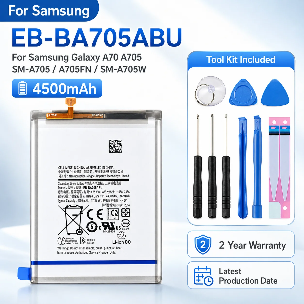 

4500mAh High Capacity Replacement Battery With Repair Tools For Samsung Galaxy A70 SM-A705 Series