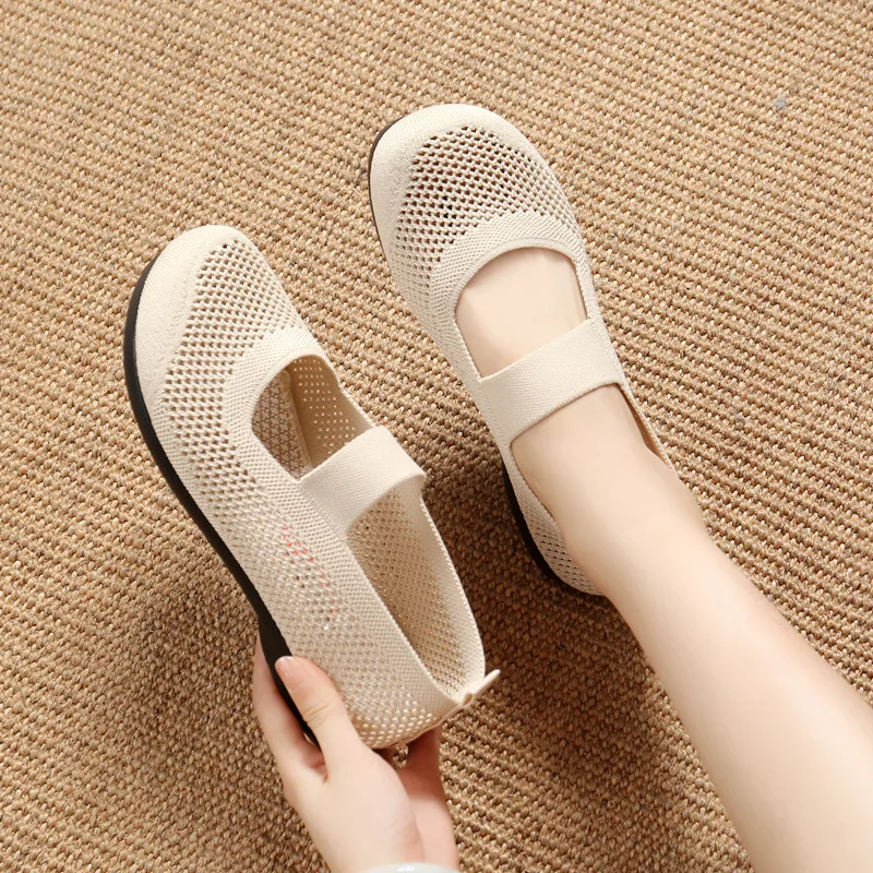 Women's Ballet Flats Summer New Breathable Mesh Women's Flat Casual Shoes Slip on Round Toe Single Shoes Comfortable Mom Shoes