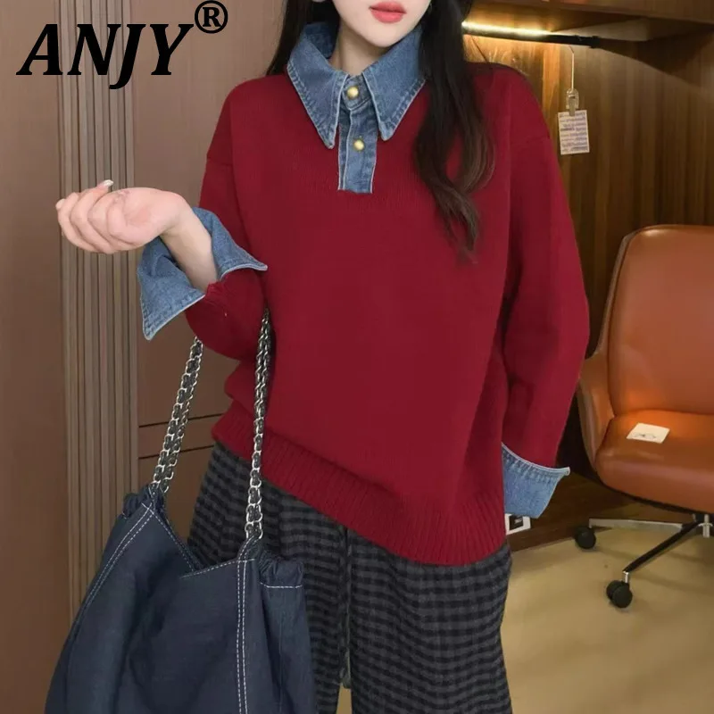 

ANJY осень-зима новый женский джинсовый лоскутный искусственный двухсекционный вязаный пуловер свитер универсальный повседневный элегантный модный топ A14584