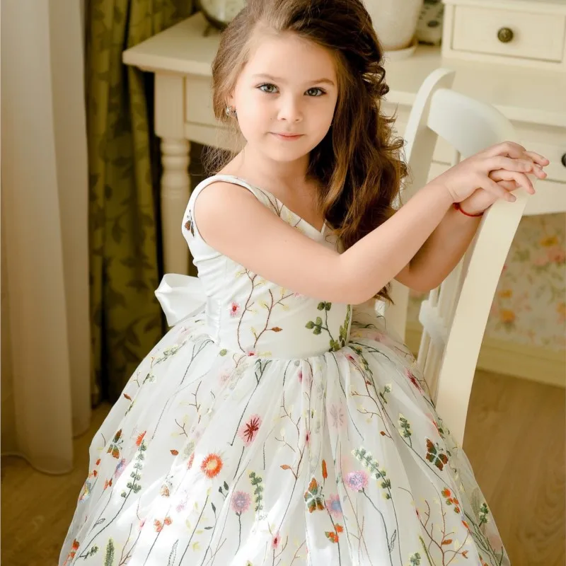 Baby Girl Princess Floral Embroidery Long Tutu Dress Sleeveless Toddler Child Vestido Party Wedding Pageant Baby Clothes 2-10Y