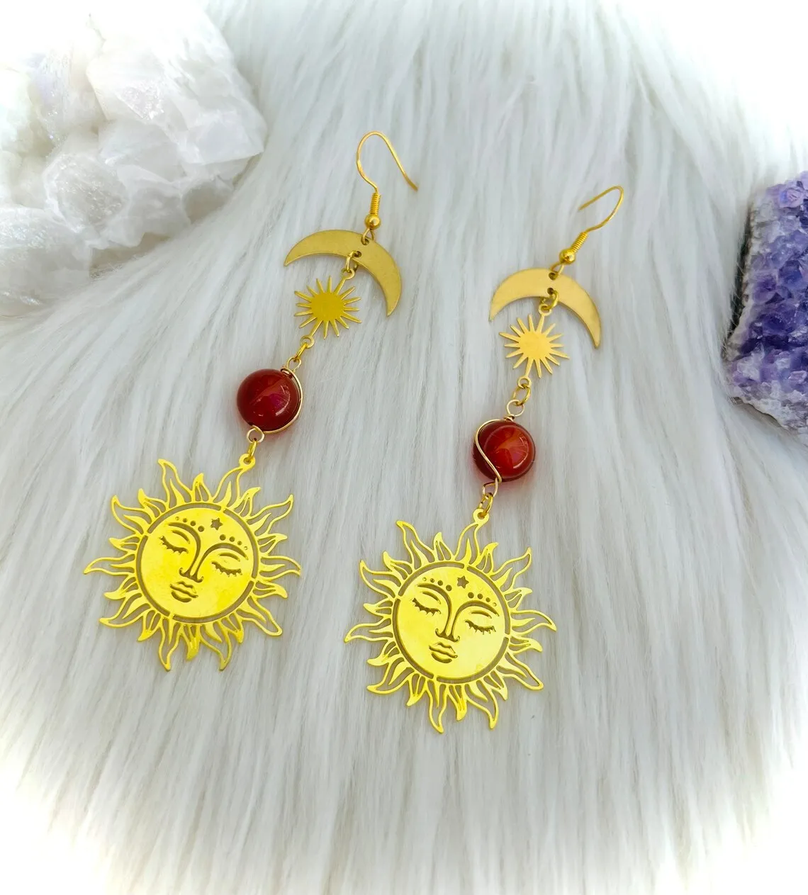 Brass sun and moon sexual healing earrings, gold crystal dangles with carnelian, mystical witchy crescent moon,bohemian earrings