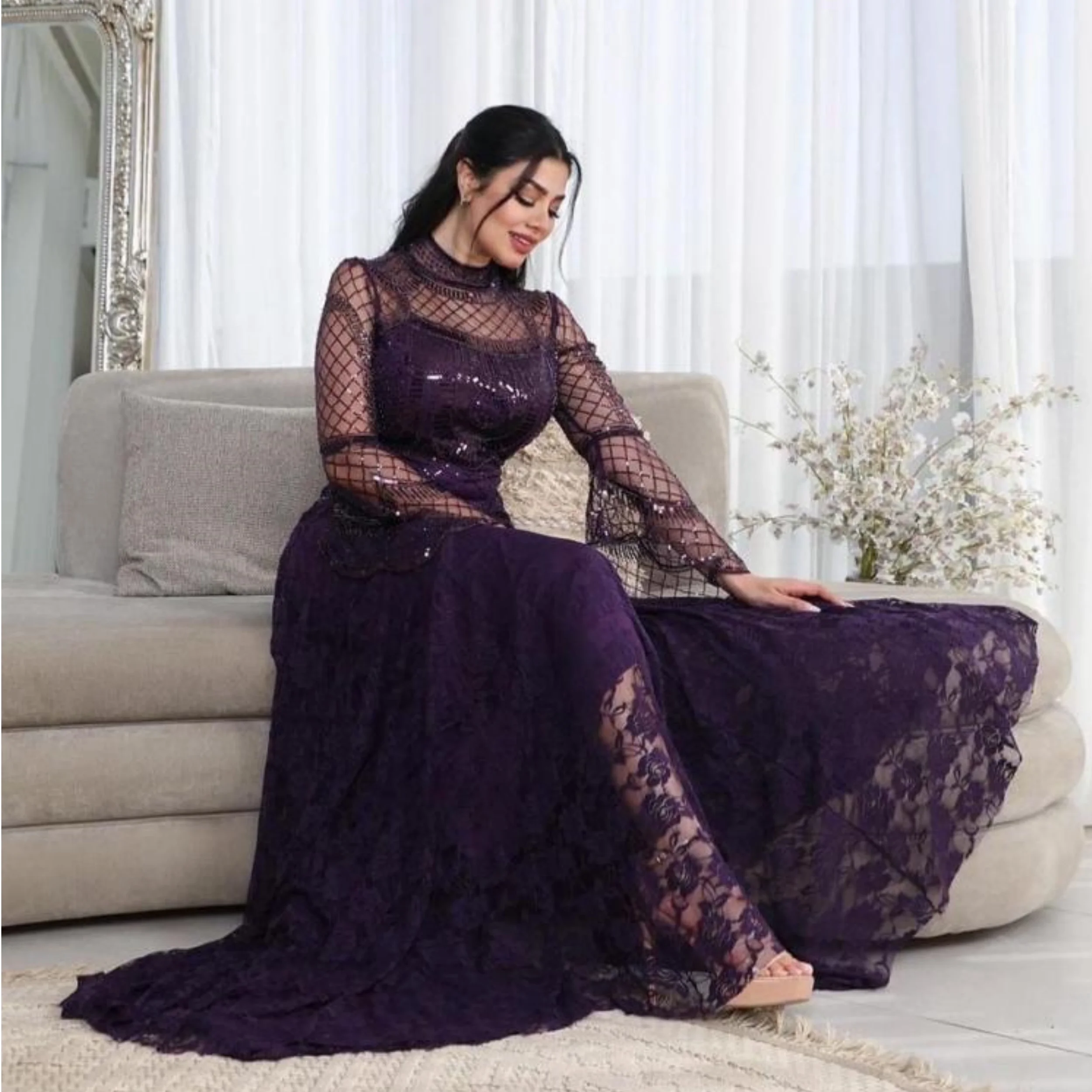 

Elegant Purple Dubai Evening Dress for Formal A Line Long Arabic Prom Party Gowns Customized Charming Full Sleeve Robe de Noche