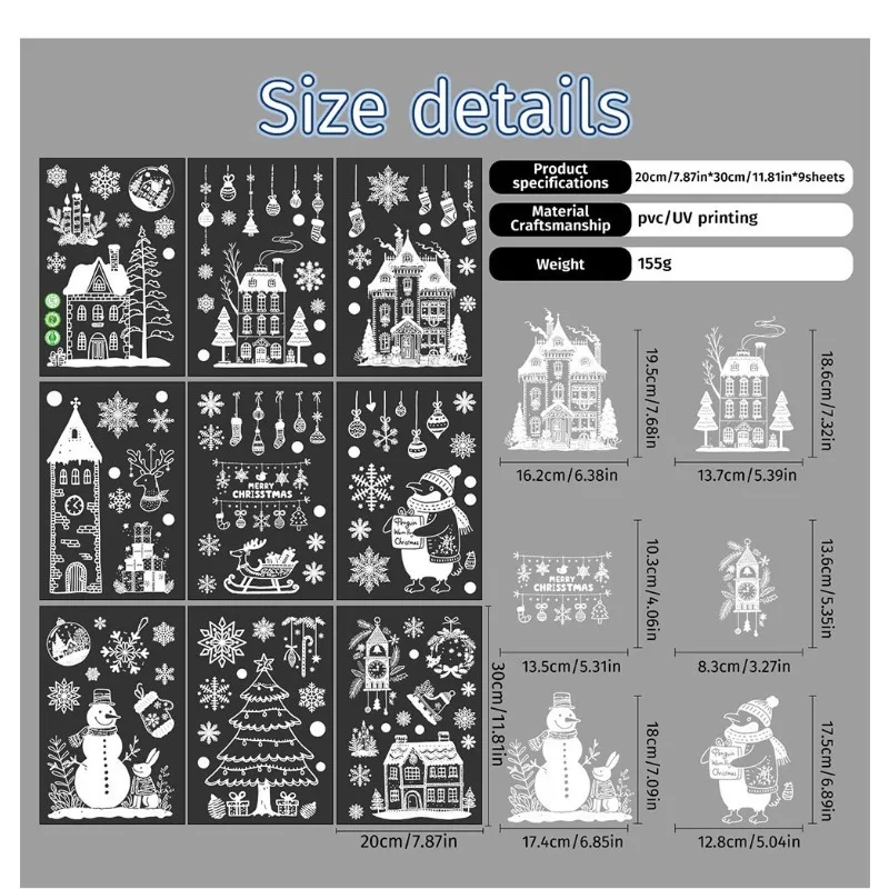 9 أوراق/مجموعة من ملصقات النوافذ الثابتة الجديدة لعيد الميلاد - ندفة الثلج البلورية القابلة للفصل وتصميم الرنة