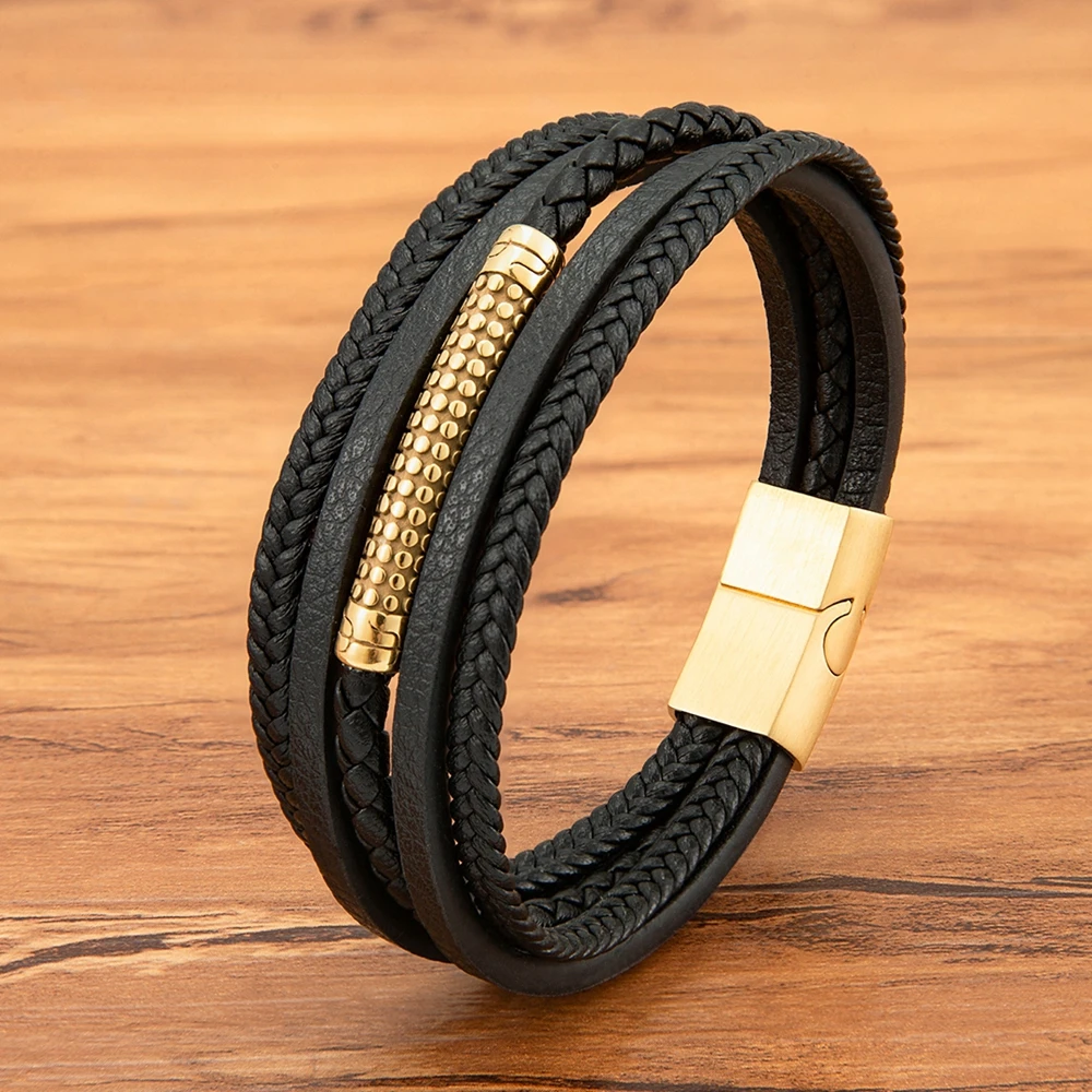 TYO Luxury Multilayer Braid Leather Bracelet Stainless Steel Magnetic Buckle Charm Bangles Jewelry Gifts for Father Boyfriend