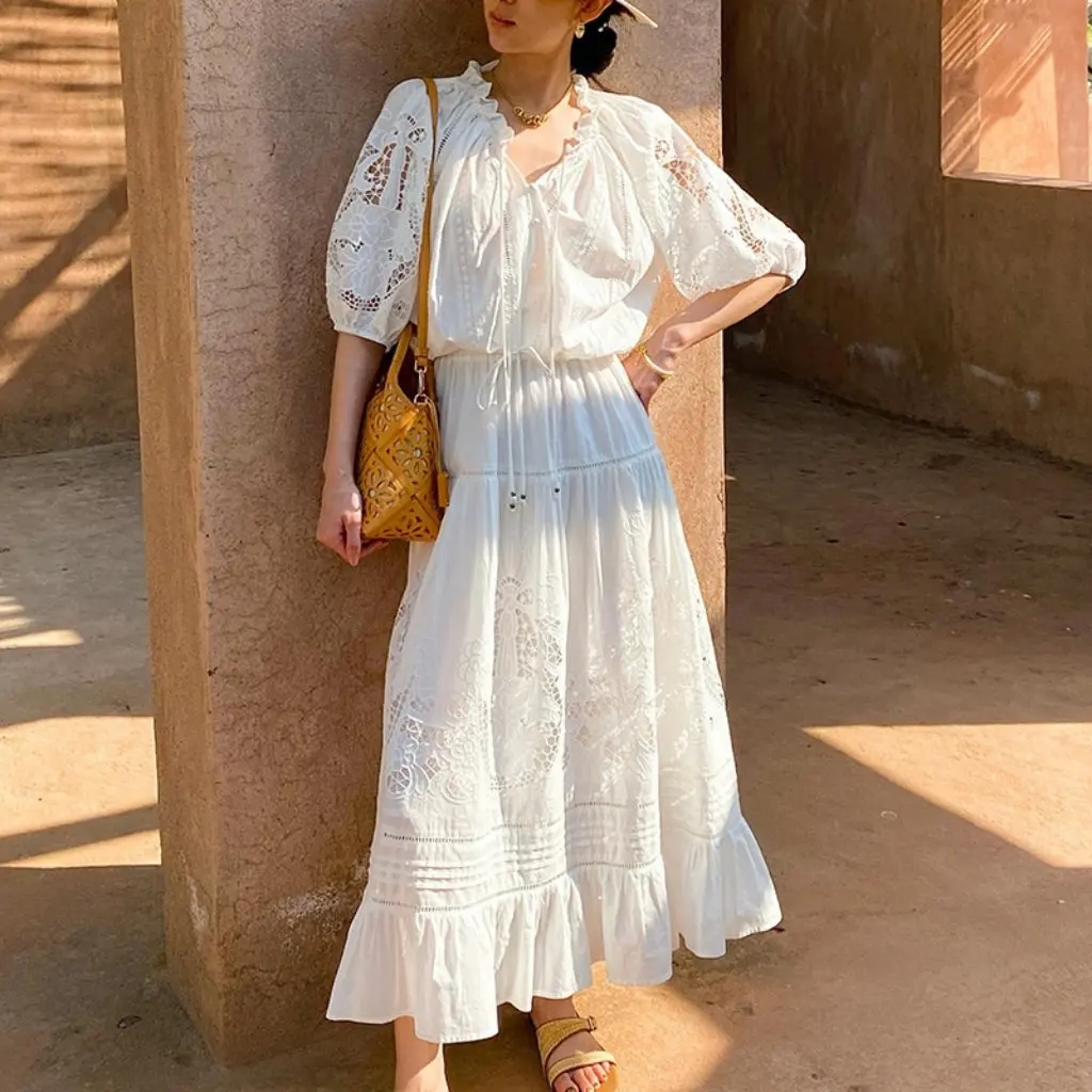 

Women's Spring Summer White Top Skirt Suit French Style Holiday Look Fashion from Shenzhen Nanyou