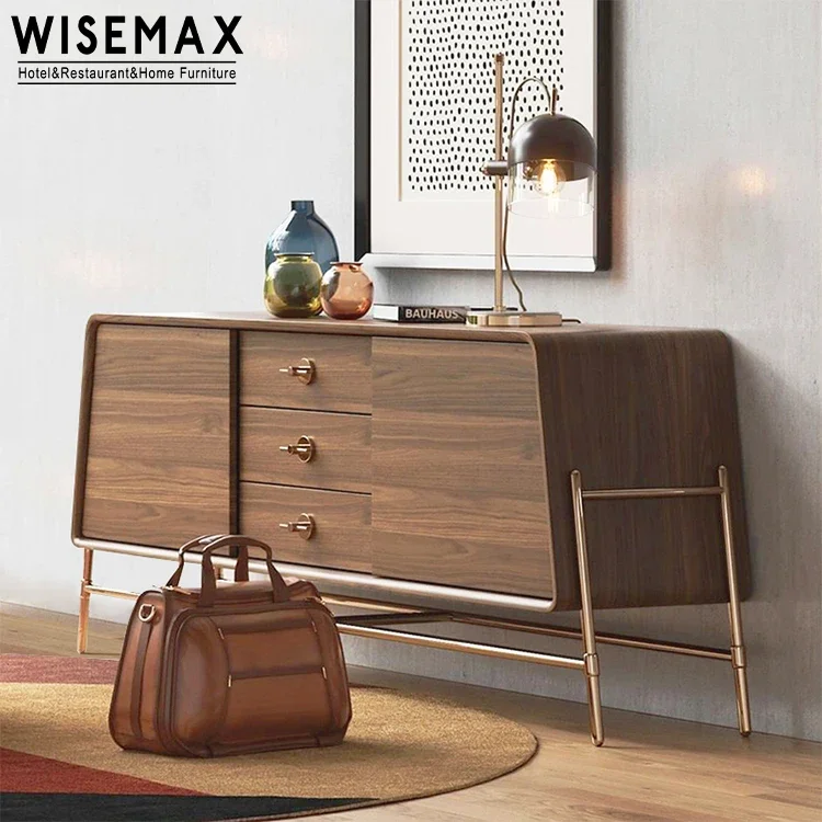 Luxury Modern Side Table with Drawers Shelf Design Solid Wood and Metal Base Storage Console Table