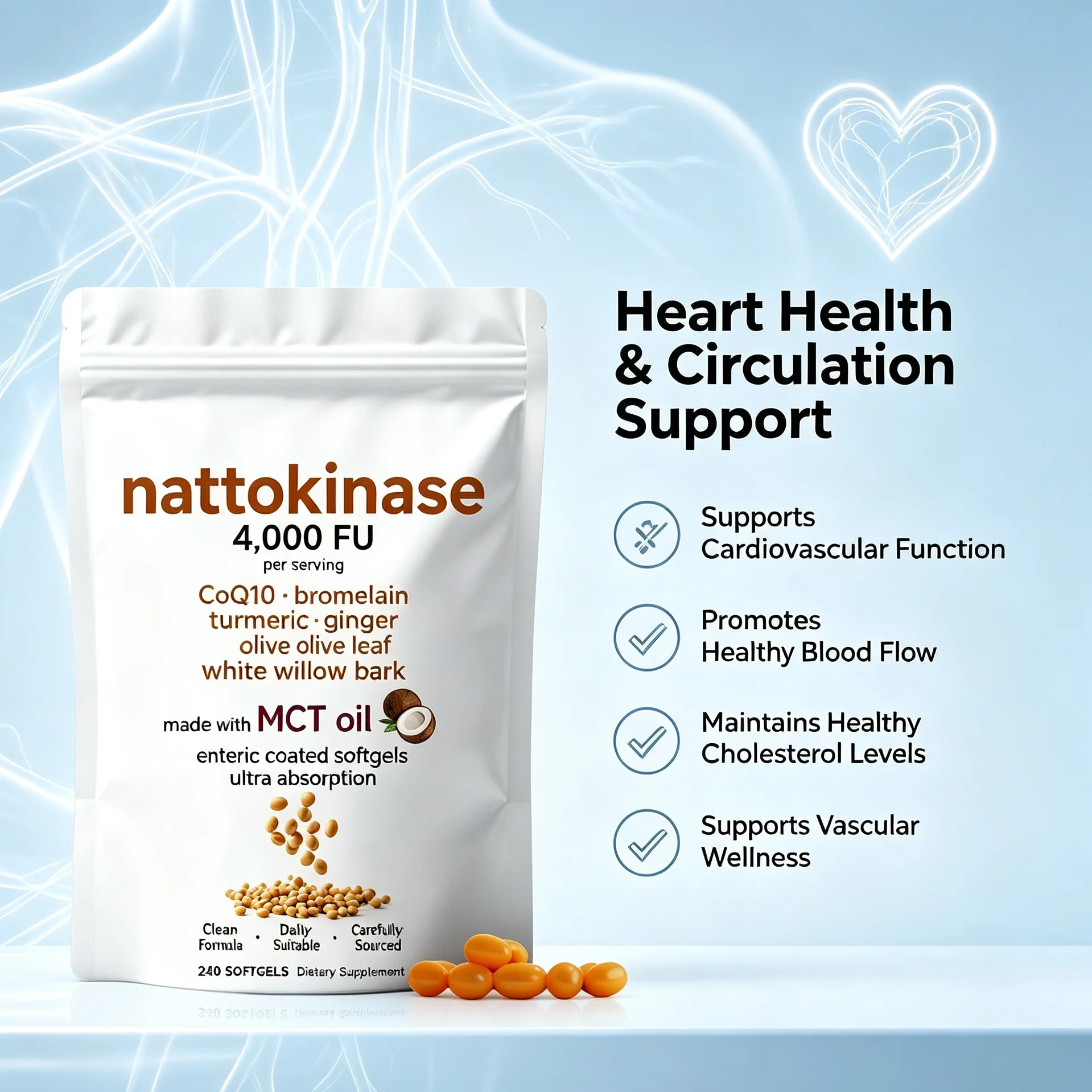 Nattokinase Softgel Capsules, Support Cardiovascular & Heart Health, Healthy Blood Flow Circulation Supplement