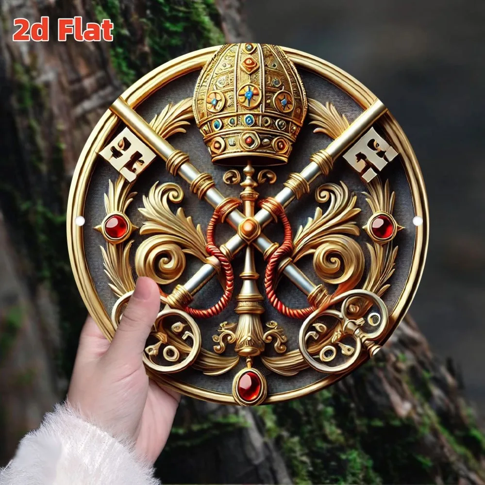 Vatican Key & Tiara 7.8in Round Wall Art - Vintage Religious Decor for Pope Coronation, St. Peter’s Basilica, First Communion Or