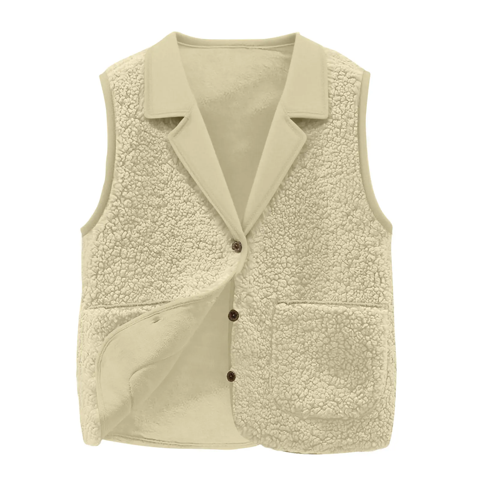 Sherpa-Fleece-Weste für Damen, Reverskragen, Knopfleiste vorne, Taschen, lässiger, warmer, ärmelloser Jackenmantel für Herbst und Winter – Detail 3