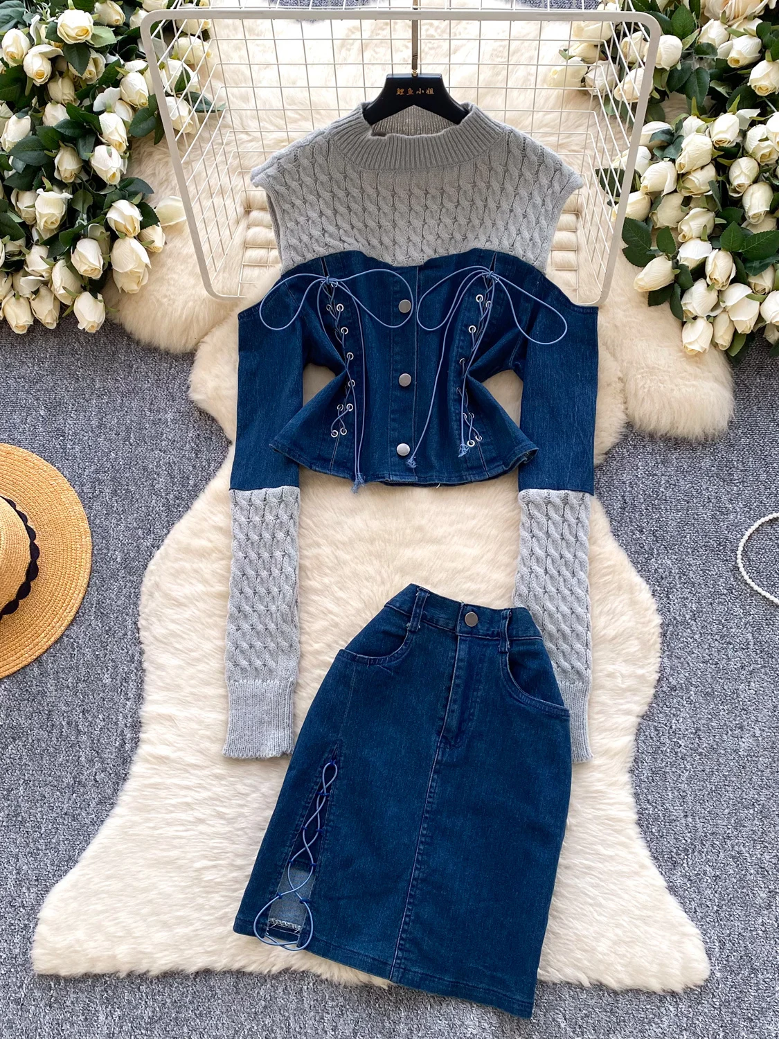 Faionable Knitted Denim Patchwork Belted Two-Piece Set Women's New Autumn High Waist Straight Leg Pants And Top Ensemble