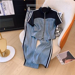 2024 Summer New Stitched Zipper T-shirt top Female Set Elegant Women's Jeans Casual Blouse Two Piece Set Ladies Tracksuits big