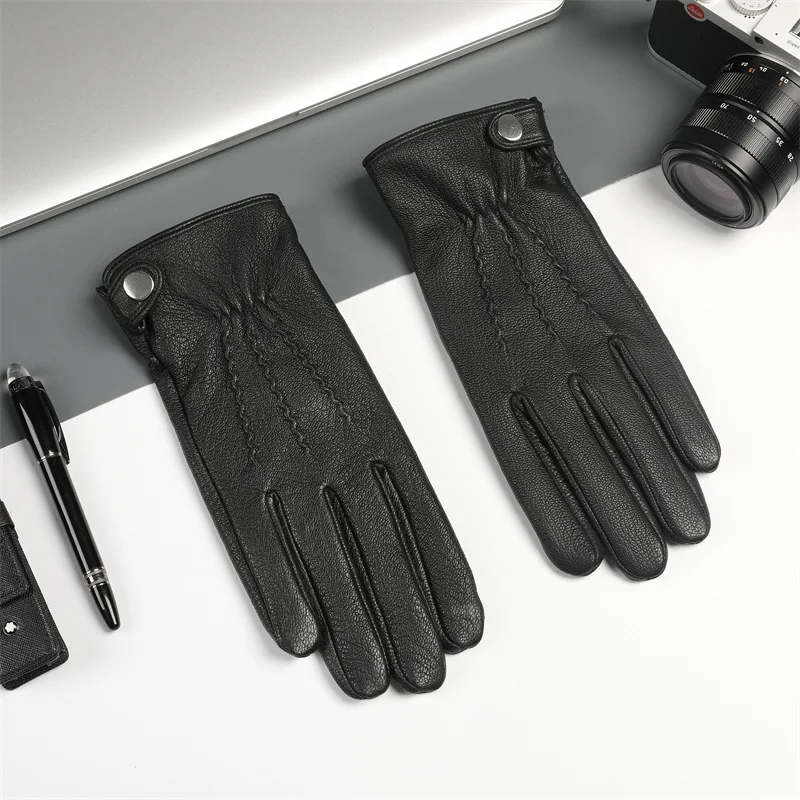 Sheepskin Gloves Men\'s Touch Screen High-Quality Leather New Hand-Stitched Thin  Lining Keeps Warm in Autumn and Winter