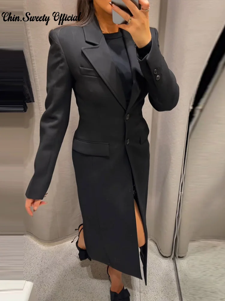 Elegant Lapel Blazer Long Coat Women Slim Single Breasted Black Long Sleeve Pocket Jacket Female 2025 Spring Shoulder Pads Coats
