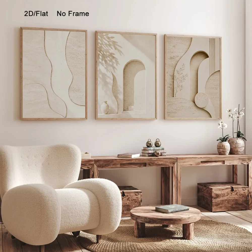 2D Flat,3pcs Frameless Minimalist Arch Wall Art,Plaster Niche Poster,Mediterranean Printing,Modern Beige Flat Poster Home Decor