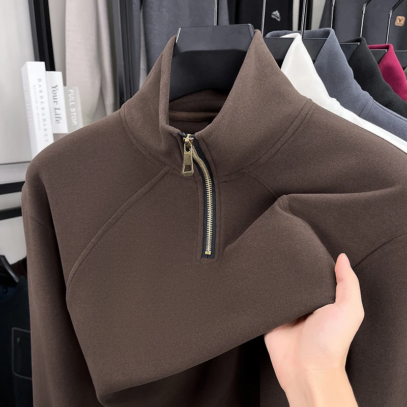 

Лидер продаж, высококачественная мужская толстовка с воротником-стойкой и полумолнией, зимняя новая однотонная бархатная минималистичная повседневная мужская одежда