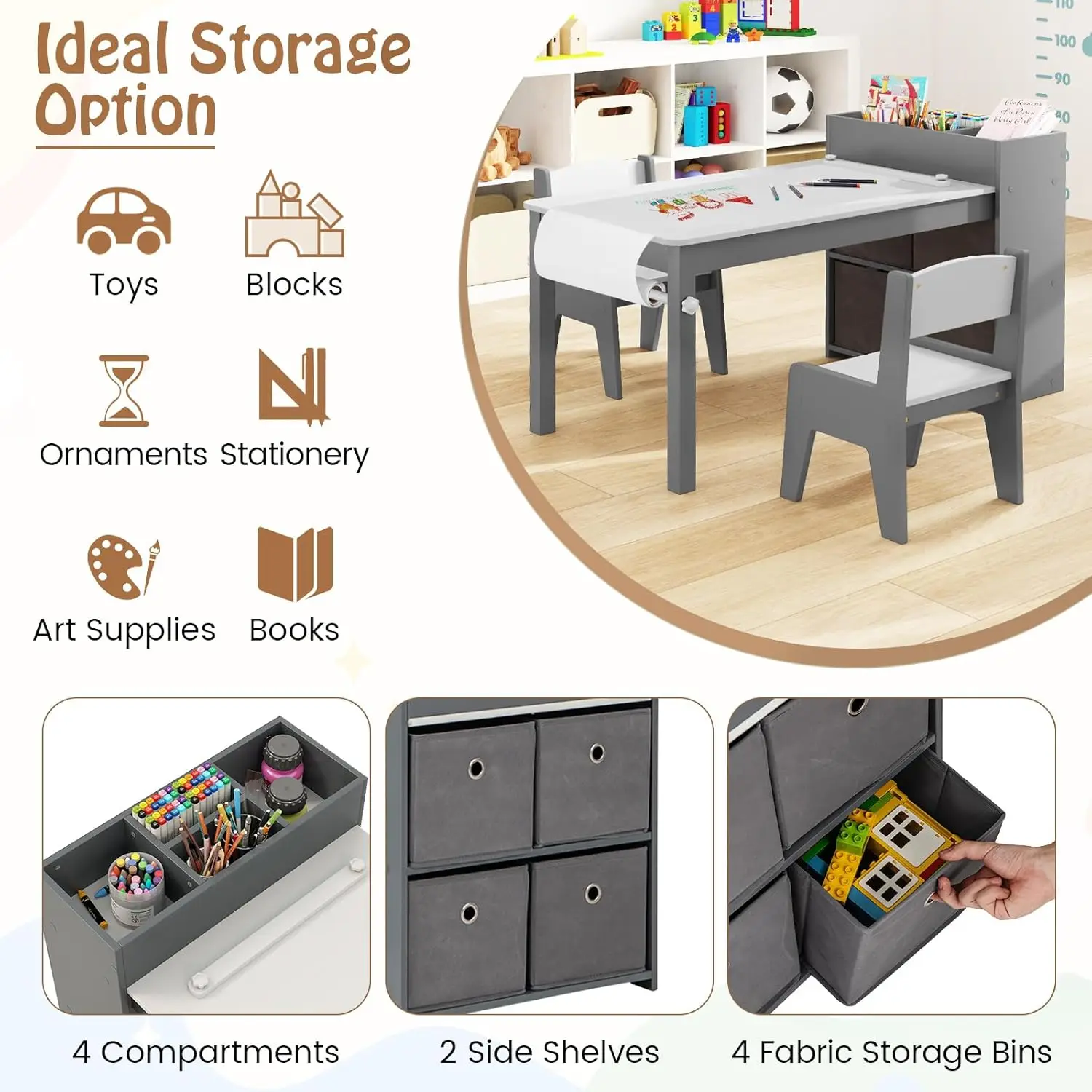 طقم مكتب فني خشبي للأطفال مع كراسي و4 صناديق قماش، رمادي