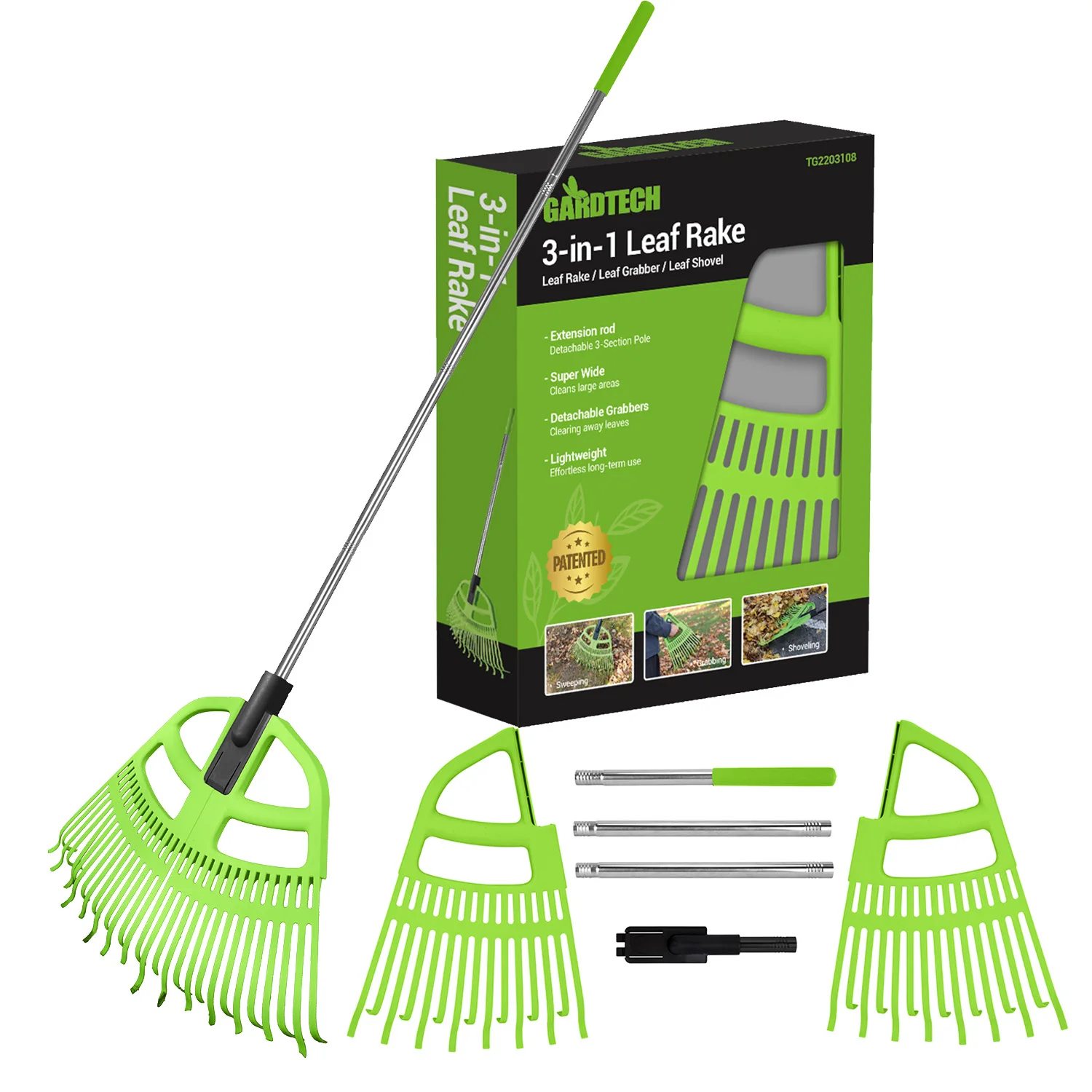 3 In 1 Garden Leaf Rake Leaf Picker 30 Teeth Plastic Rake With Stainless Steel Detachable Long Handle