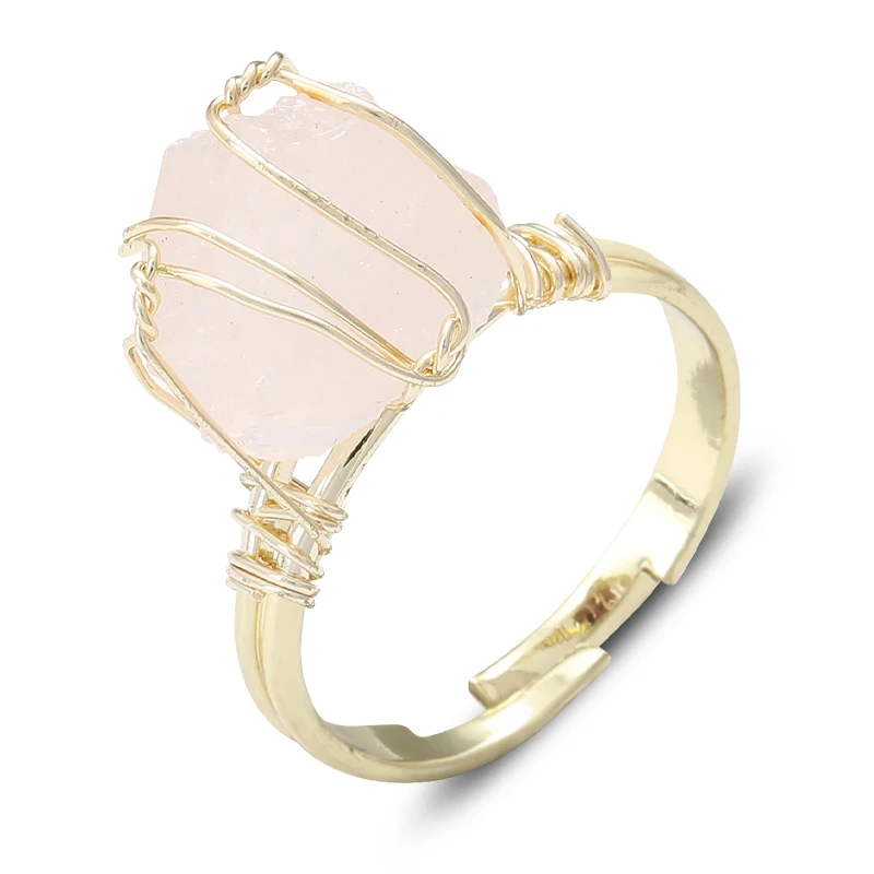 Natural Stone Crystal Rings Gold Color Wire Wrap Irregular Amethysts Quartzs Adjustable Finger Ring Jewelry for Women Gifts