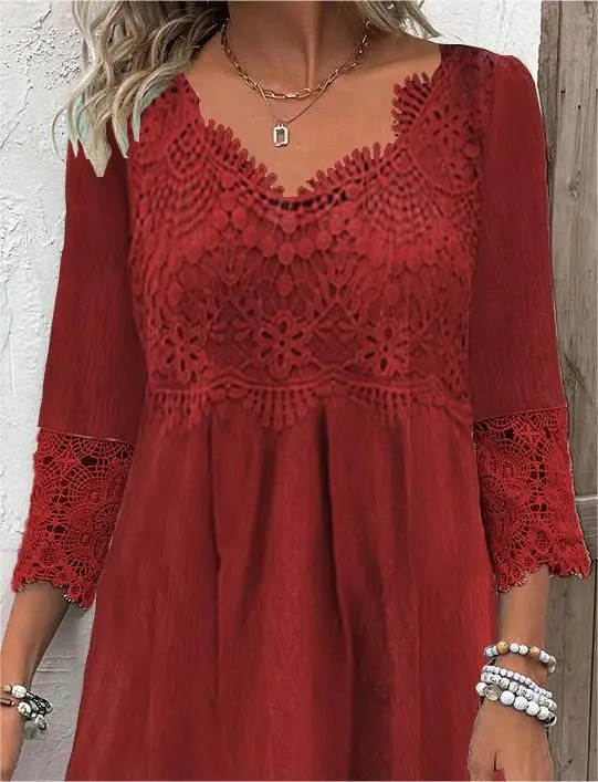 Plus Size Women's 3/4 Sleeve V-neck Solid Color Lace Midi Dress