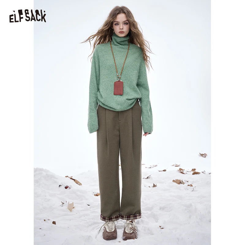 

ELFSACK 2025 Winter New Arrivals Casual Preppy Classic Striped Cuff Straight Slim Leg Tapered Long Pants For Women