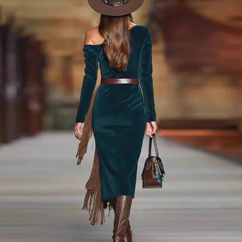 Woman Sexy Off Shoulder Hollow Party Dress Vintage Imitation Suede Patchwork Tassel Dress New Autumn Long Sleeve Slim Boho Dress