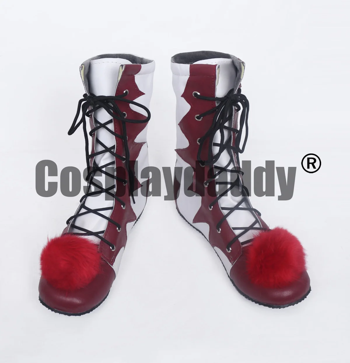 IN STOCK Clown Cosplay Shoes Horror Movie Style Red White Mid Calf Lace-up Boots with Pom Pom Halloween Theme Party
