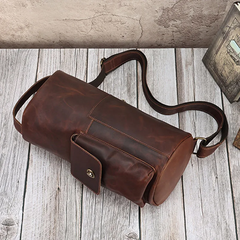 Chest Bag Men Casual Sling Crossbody Purse Vintage Genuine Cowhide Leather Outdoor Travel Zipper Barrel-Shaped Shoulder Bags