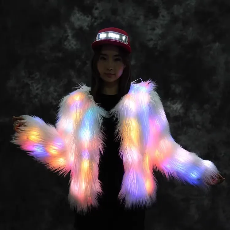 

LED Light Emitting Faux Fur Jacket Bar KTV Drinking Atmosphere Props Stage Performance Clothes Long Sleeve Youth Fas...