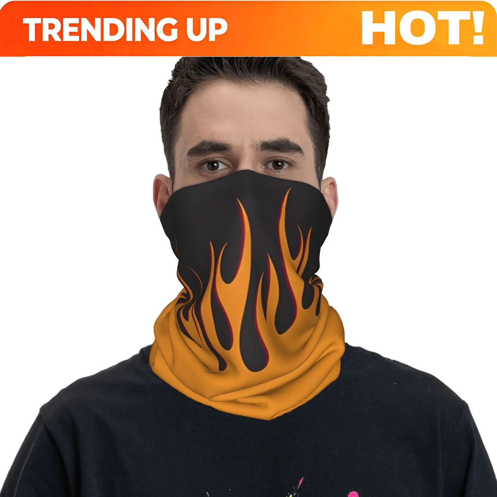 Customization Men's Retro Flame Print Neck Gaiter - Black & Orange Geometric Design, 95% Polyester 5% Spandex, Breathable