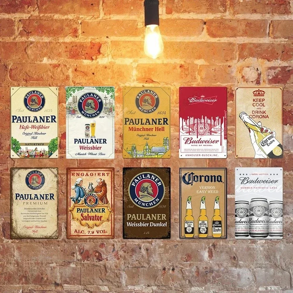 Vintage Beer Metal Tin Sign Set Retro Corona Budweiser Paulaner Poster Wall Art Decor for Bar Pub Man Cave Restaurant Rustic Iro