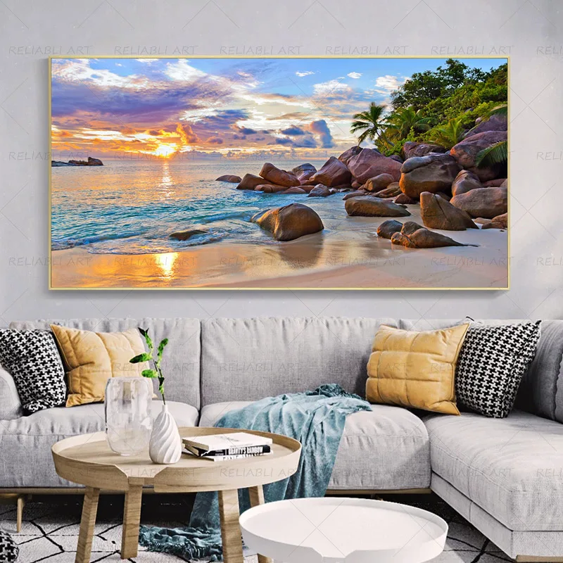 Landscape Canvas Painting for Living Room, Sky Sea Sunrise Panorama, Natural Beach Posters and Prints, Wall Art Picture